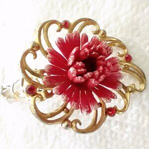 Antique 1920s Dress Clip Red Flower Goldtone Metal Red Rhinestones